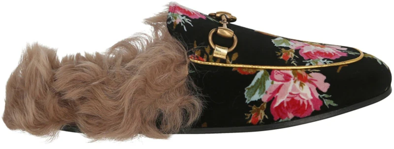 Gucci Princetown Floral-Print Slippers Black Gold Natural (Women's)
